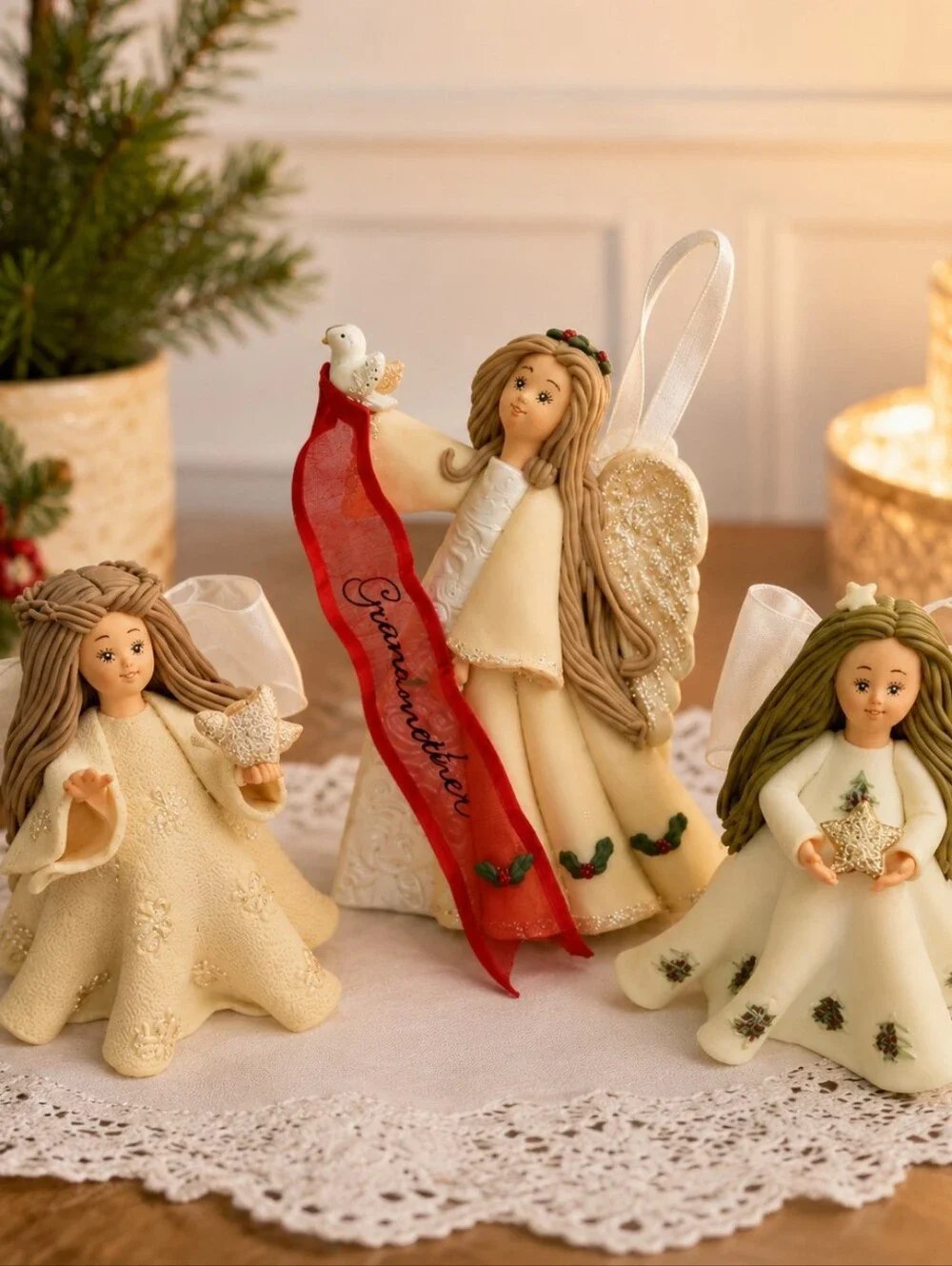 Lot of 3 Kneeded Angel Ornaments Grandmother, Dove, Star. Holiday Decor